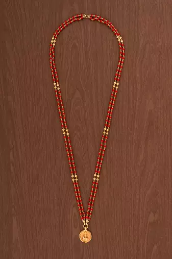 Red beads two strand necklace with Big Laxmi coin pendant one gram gold