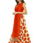 Orange printed silk unstitched lehenga with dupatta