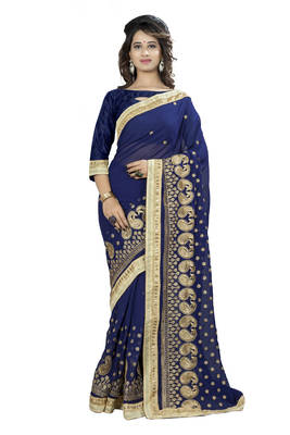 Navy Blue Embroidered Georgette Saree With Blouse 1