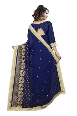 Navy Blue Embroidered Georgette Saree With Blouse 2
