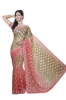 Red printed chiffon saree with blouse 1