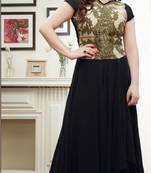 Zareen khan Black printed georgette semi stitched anarkali salwar suit by fabfiza