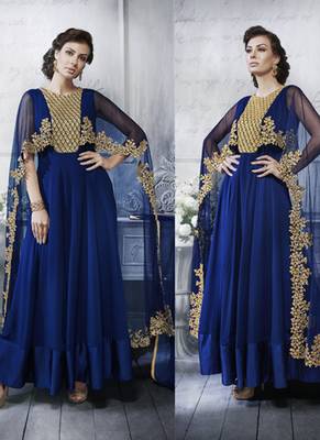 Royal Blue Multi Resham Work Georgette Cape Style Anarkali Suit 1