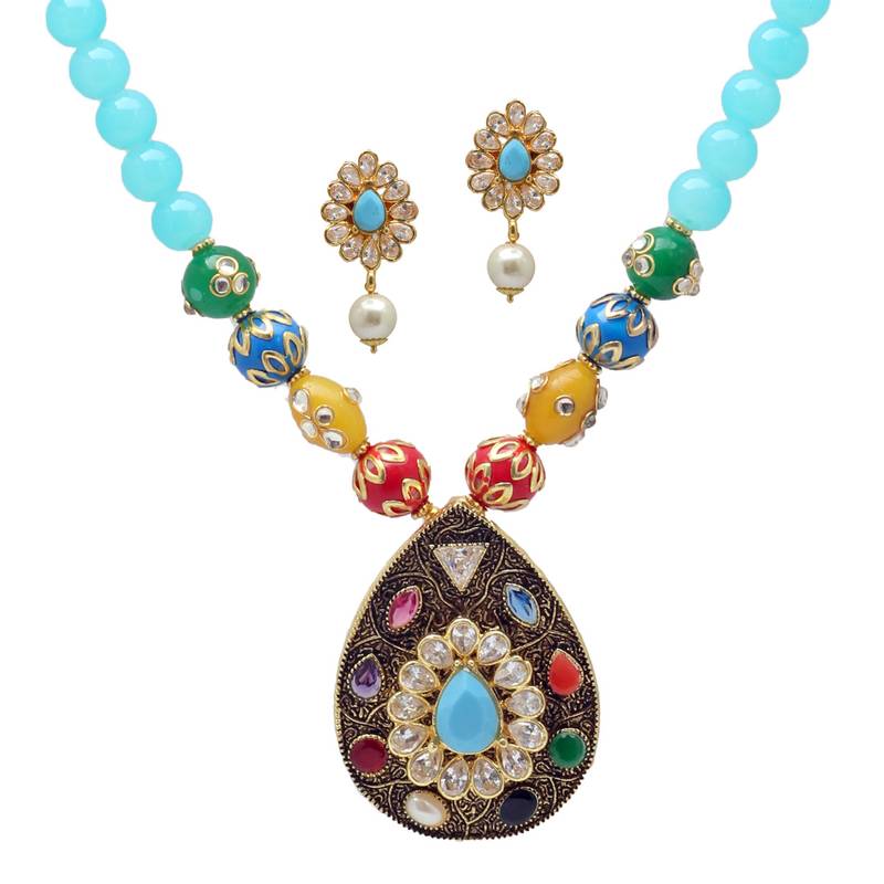Gold Plated Oxidized Color Glass AD Work Rajasthani Puwai Necklaces Set