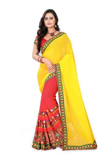 Yellow Embroidered Georgette Saree With Blouse
