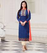 Navy Blue embroidered Cotton Satin unstitched salwar with dupatta