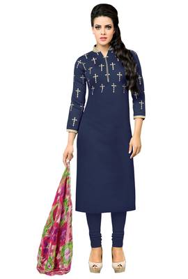 Navy Blue embroidered Chanderi Cotton unstitched salwar with dupatta 1