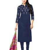 Navy Blue embroidered Chanderi Cotton unstitched salwar with dupatta