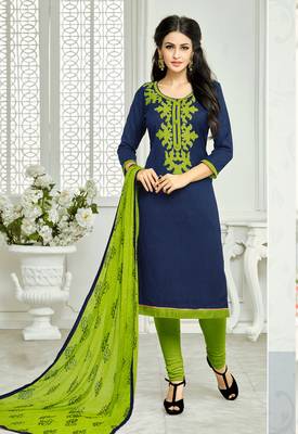 Navy Blue embroidered Lakda Jacquard Work unstitched salwar with dupatta 1