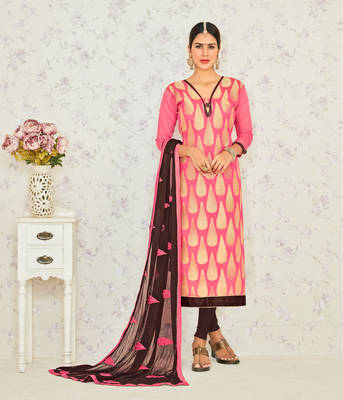 Peach abstract_print Chanderi with  Heavy Jequard unstitched salwar with dupatta 1