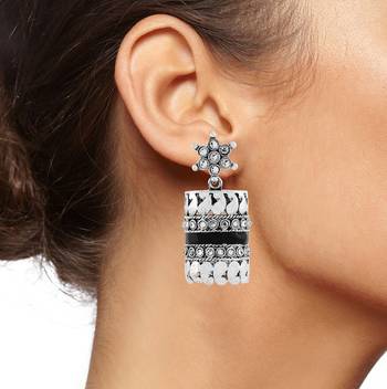 Traditional CZ Enamel Black Silver Rhodium Plated Dangle Earring For Girls Women 4