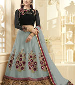Grey hand woven net unstitched lehenga