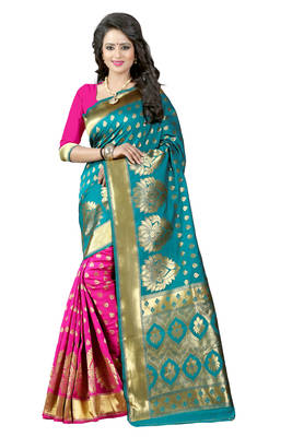 Turquoise woven banarasi art silk saree with blouse 1