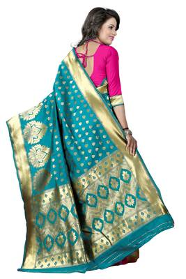 Turquoise woven banarasi art silk saree with blouse 2