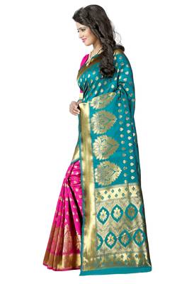 Turquoise woven banarasi art silk saree with blouse 3