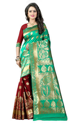 Turquoise woven banarasi saree with blouse 1