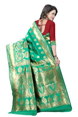 Turquoise woven banarasi saree with blouse 2