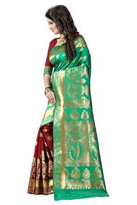 Turquoise woven banarasi saree with blouse 3