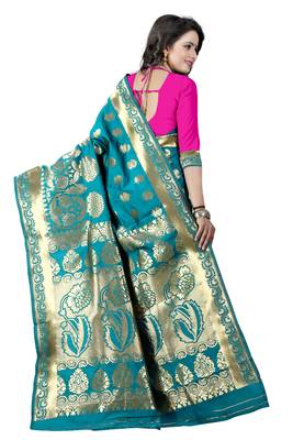 Turquoise woven banarasi art silk saree with blouse 2