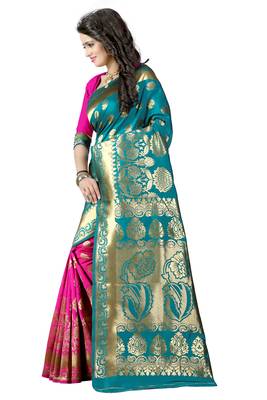 Turquoise woven banarasi art silk saree with blouse 3