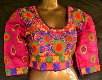 Pink and Multicolour Raw Silk Designer Hand Embroidered stitched blouse 1
