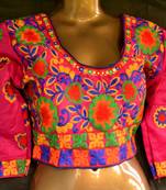 Pink and Multicolour Raw Silk Designer Hand Embroidered stitched blouse