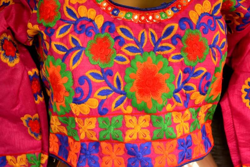 Pink and Multicolour Raw Silk Designer Hand Embroidered stitched blouse