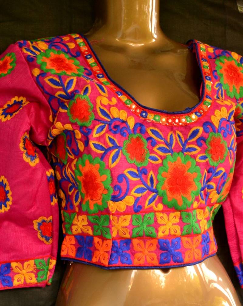 Pink and Multicolour Raw Silk Designer Hand Embroidered stitched blouse