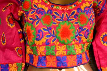 Pink and Multicolour Raw Silk Designer Hand Embroidered stitched blouse 4