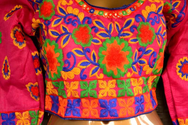 Pink and Multicolour Raw Silk Designer Hand Embroidered stitched blouse