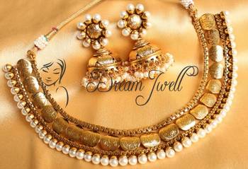 Beautiful Designer Gold Plated Pearl Coin Necklace Set    1
