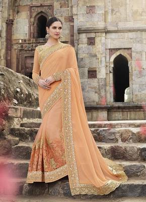 Light peach embroidered georgette saree with blouse 1