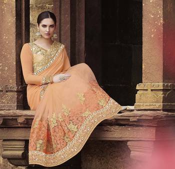 Light peach embroidered georgette saree with blouse 2