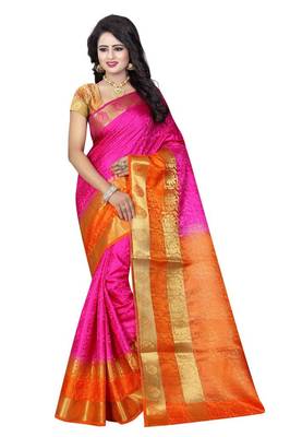 Pink plain art silk saree with blouse 1