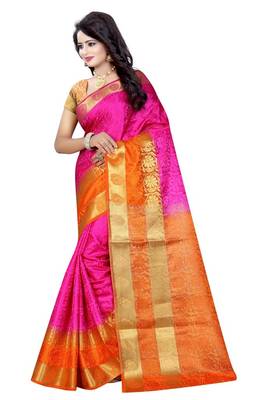 Pink plain art silk saree with blouse 2