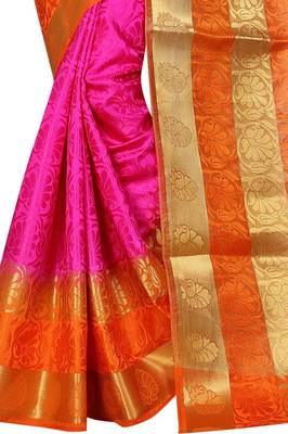 Pink plain art silk saree with blouse 4