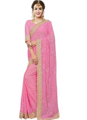 Pink Georgette Embroidered Net Mirror work Embroidery Designer Saree 1