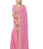 Pink Georgette Embroidered Net Mirror work Embroidery Designer Saree