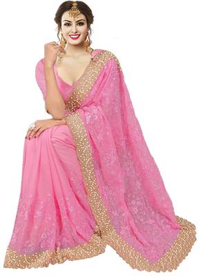 Pink Georgette Embroidered Net Mirror work Embroidery Designer Saree 2