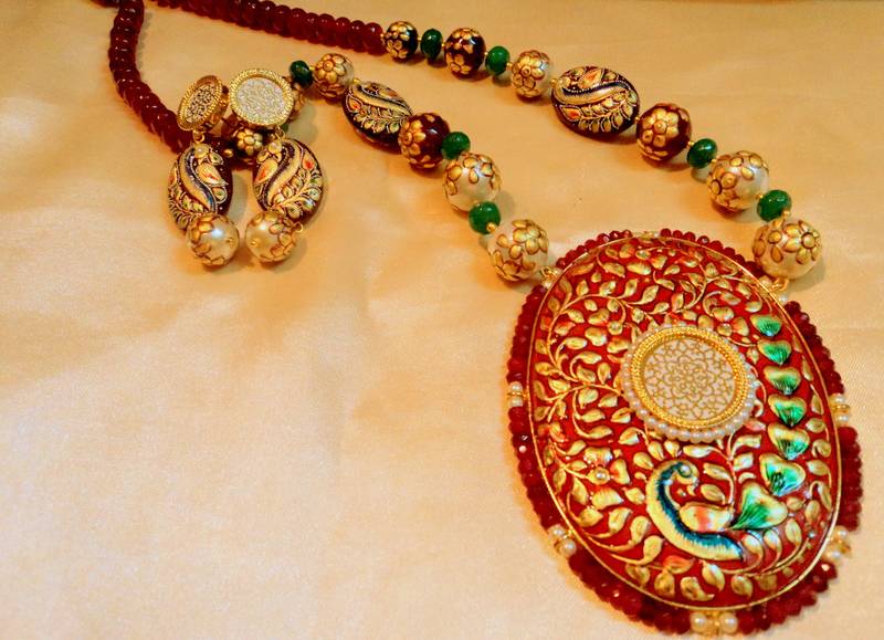 Designer Tanjore Art Gold Patra Peacock Jaipuri Necklace Set