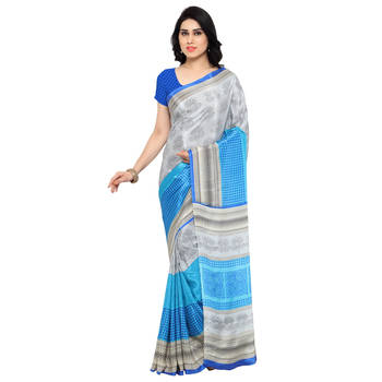 Grey printed crepe saree with blouse 1