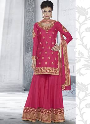 Rani Pink Multi Resham Work Tussar Silk Salwar With Dupatta 1