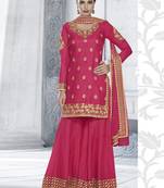 Rani Pink Multi Resham Work Tussar Silk Salwar With Dupatta