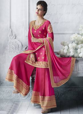 Rani Pink Multi Resham Work Tussar Silk Salwar With Dupatta 2