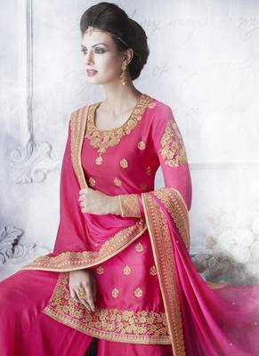 Rani Pink Multi Resham Work Tussar Silk Salwar With Dupatta 3