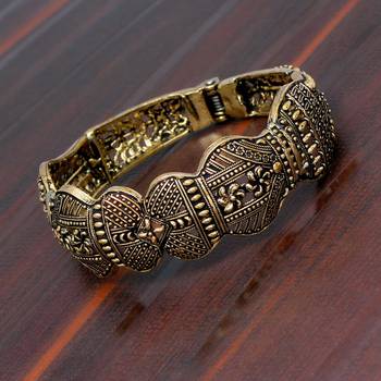 Partywear Goldtone Oxidised Adjustable Kada Bracelet For Girls 4
