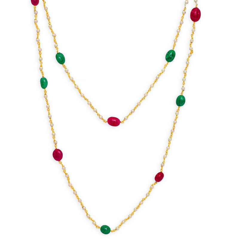 Maroon Green Beads Studded With Small Pearls In A Traditonal Indian Mala Chain