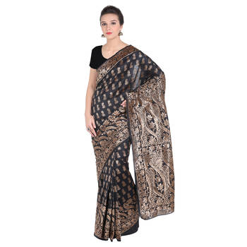 Black woven banarasi art silk saree with blouse 1