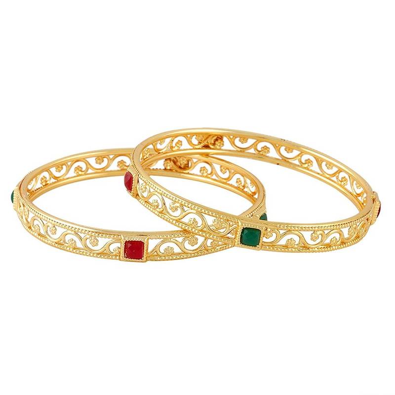 Two Piece Gold Plated Red Green Square Bangles for Women Girls