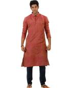 Amora Designer Ethnic Pink Solid Blended Khadi Straight Kurta For Men